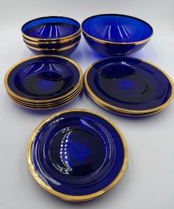 Vintage 16-Piece Cobalt Blue Glass Dinnerware Set with Gold Rim