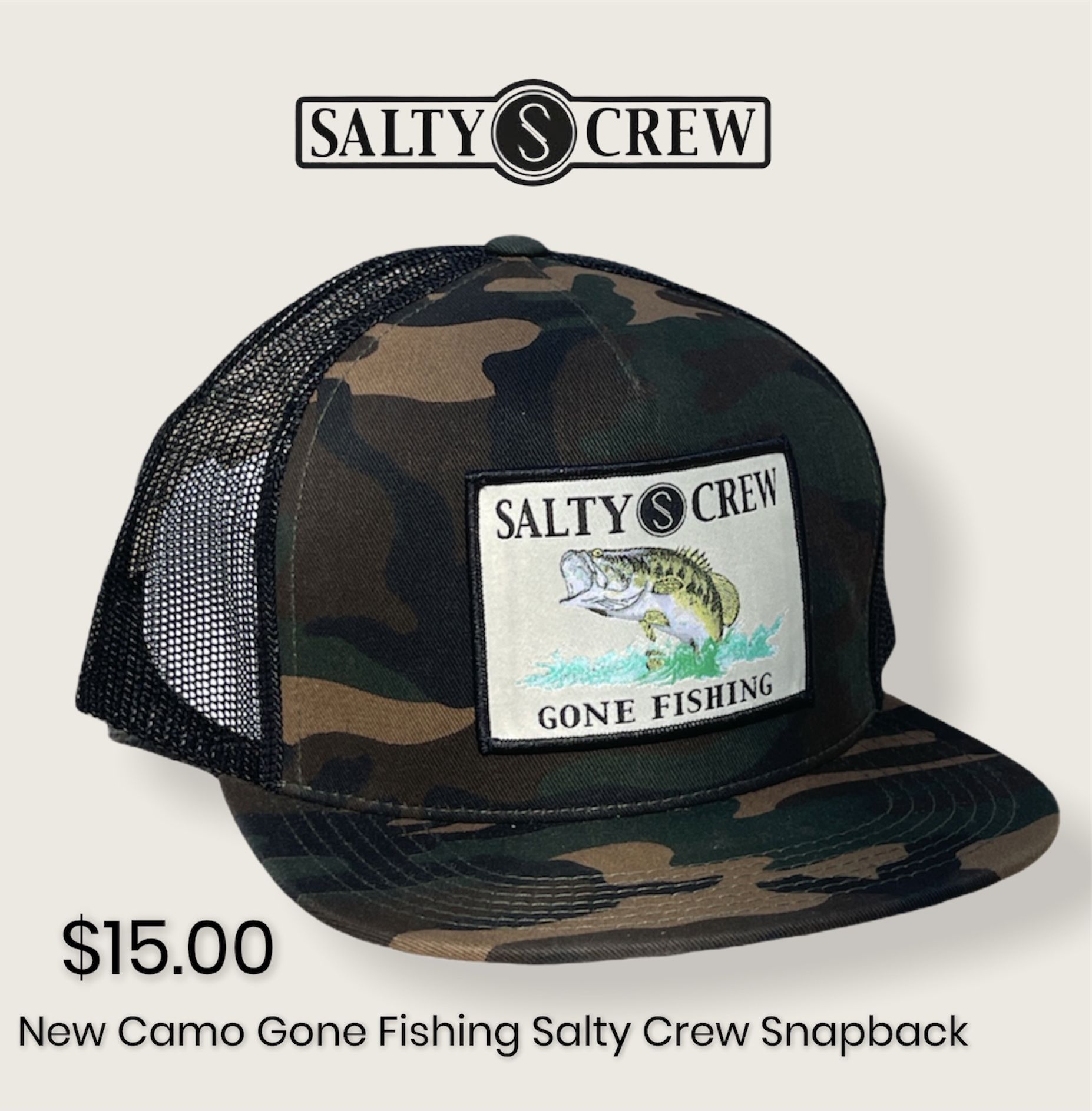 New Men's Camo Gone Fishing Snapback Salty Crew Hat
