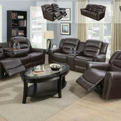 Brand New Brown Leather Nail Studded 3pc Reclining Set With Storage Compartments A Drop Down Table & Built In Cup Holders 