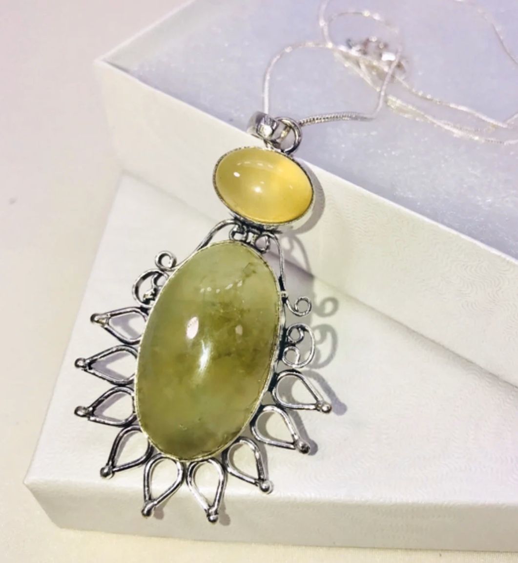 Natural Green Prehnite large oval stone & Yellow Quartz stone & .925 stamped sterling silver embellished necklace NEW!