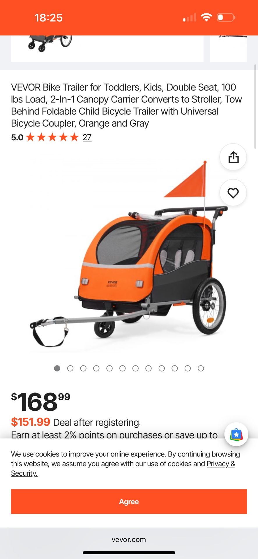 VEVOR Bike Trailer, Double Seat, 2-In-1 Canopy Carrier Converts to Stroller, Tow Behind Foldable Child Bicycle Traile