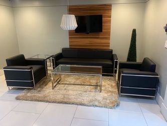 Sofa set black leatherette with chrome 3pcs