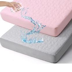2 Waterproof Toddler Crib Mattress Pads, Universal Fit Quilted Mattress Cover for Boys Girls,Ultra Soft,Gray &