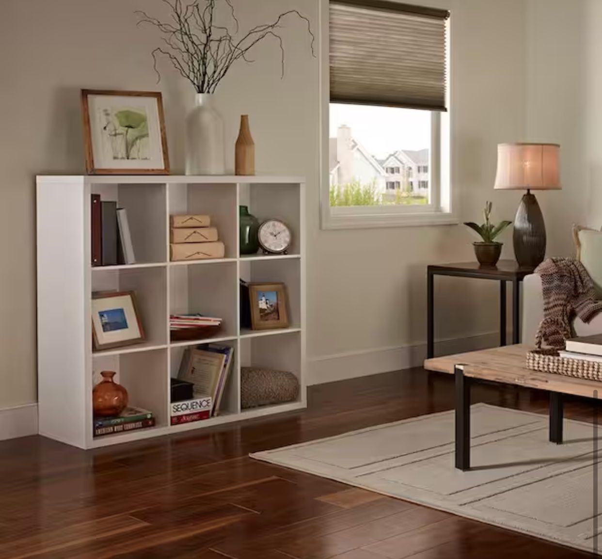 44 in. H x 44 in. W x 14 in. D White Wood Look 9 Cube Storage Organizer