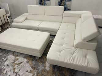 New Top Grain Leather Sectional. White & Black. 120” X 85”. Free Delivery!