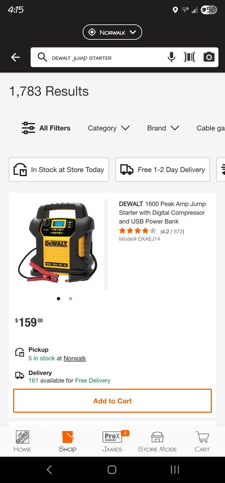 Dewalt 1600 Peak Amp Jump Starter
