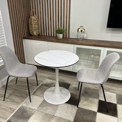 Round Table With Two Dining Chairs, Bistro Set, Breakfast Table, Marble Look