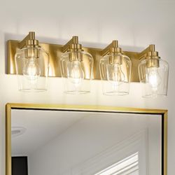 -Light Brushed Gold Vanity Light Bar – Clear Glass Bell Shades