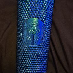 Starbucks Summer 2023 Metallic Chrome Teal Blue Bling Studded 24 oz Tumbler