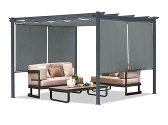 Aoodor 12x12 FT Waterproof Pergola with Retractable Canopy, Dark Gray Aluminum Frame, Roller Shade Curtain for Patio