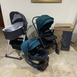 Nuna Mixx Stroller With Car Seat RX With Green Canopy And Bassinet With Stand 