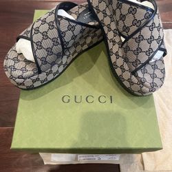 Gucci Monogram Criss Cross Platform Slide Sandals