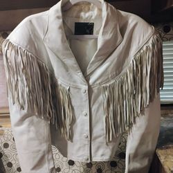 Women's White Fringe  Leather Jacket