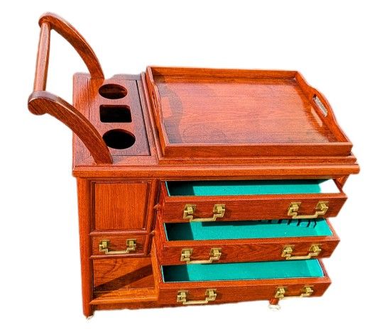 Antique Solid Rosewood Rolling Server Tea Bar Cart