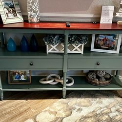 Farmhouse Console Table / Entryway Table – Two-Tone Wood Top w/ Drawers & Shelves