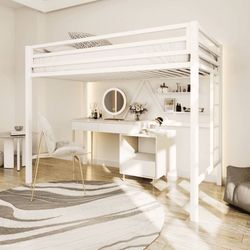 Metal Twin Size Loft Bed with Removable Ladder & Full-Length Guardrail, White
