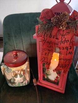 Red Christmas Lantern with Holiday Decor