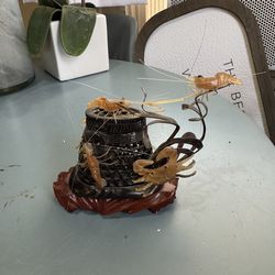 Vintage Chinese horn carved crab basket with shrimp & crab seated on hardwood base