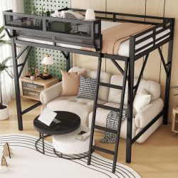 Norell Queen Size Metal Loft Bed with Ladder and Side Shelf