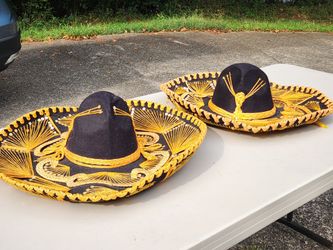 Vintage Pair of Mexican Mariachi Sombreros by Pigalle - 23" Black Velvet & Gold Embroidery