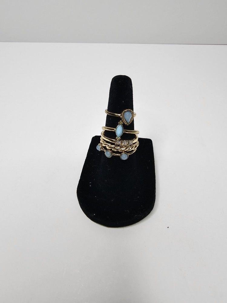 Ring Cuff Set Gold/Teal Fashion Jewelry Sizes 5 - 7 Multi Set Statement Rings
