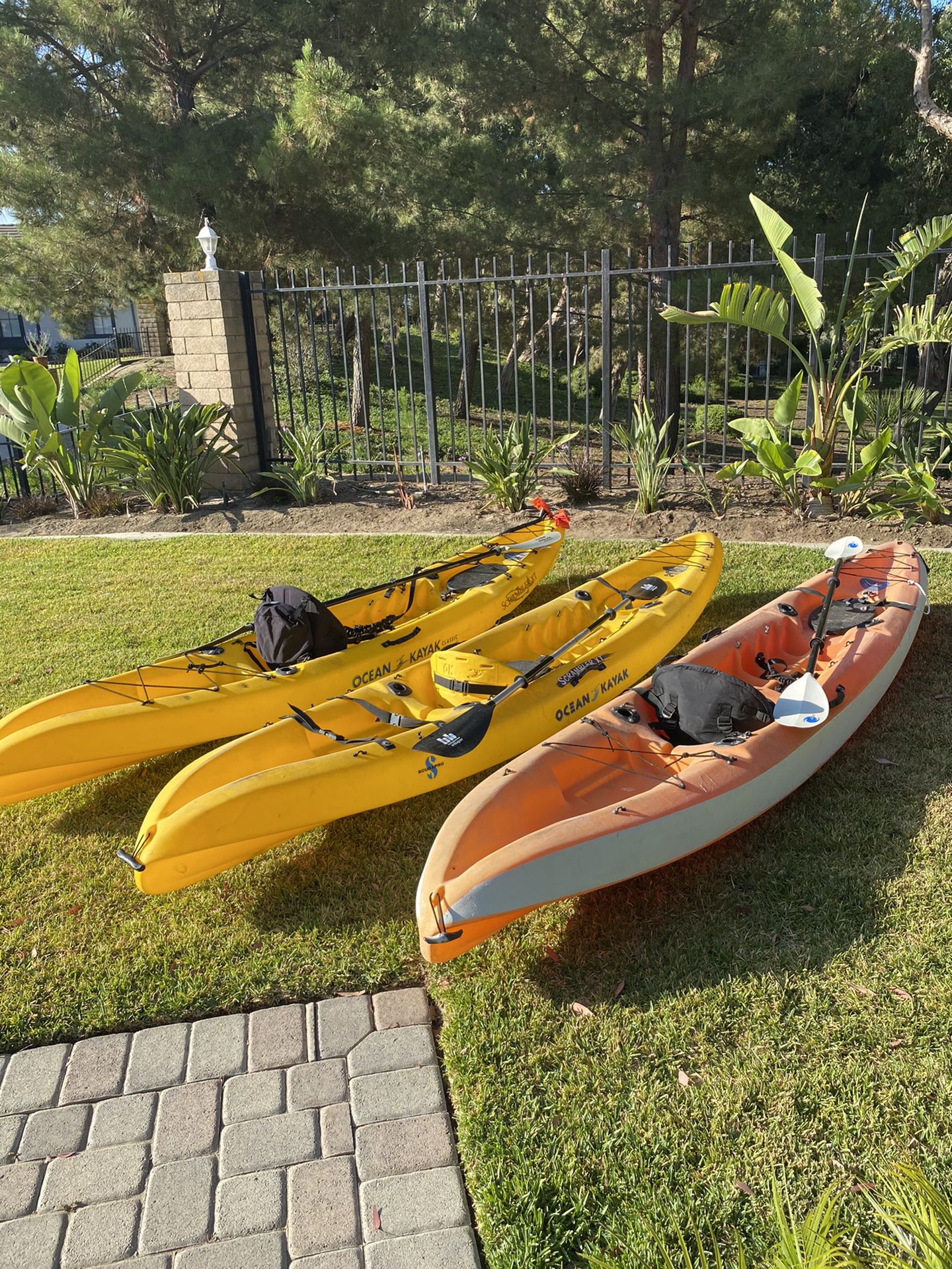 Ocean Kayak Scrambler XT. 11.6’. Stackable, rigged for fishing. Paddles, seats and rigging included. $450 each. 3 for $1,300.