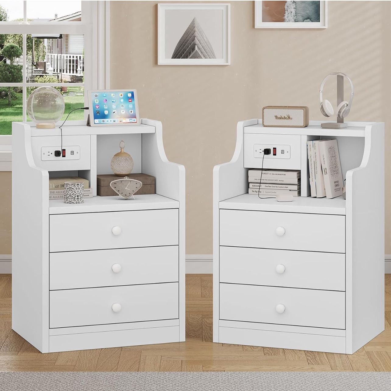 Tiptiper Nightstand Set 2, White Night Stands with Hutch and Charging Station, Nightstand with 3 Drawers for Bedrooms Set of 2, Modern Bedside Table E