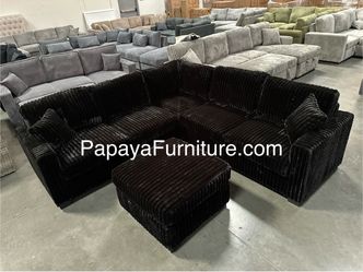 New Plush Black Sectional Sofa And Ottoman, Sectionals, Sofa, Couch, Plush Sectional, High Back Couch, Sofas, Black Sectional, Black Sofa, Black Couch