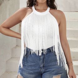  Fringe Trim Halter Neck Bodysuit