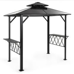 8' x 5' Hardtop BBQ Gazebo Canopy with Double Tier Peaked Roof and Shelves, Outdoor Grill Gazebo for Garden & Patio