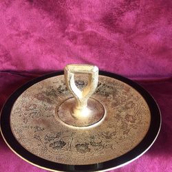 Vintage Candy Nut Serving Dish With Handle Black Thick Glass Gold Trim