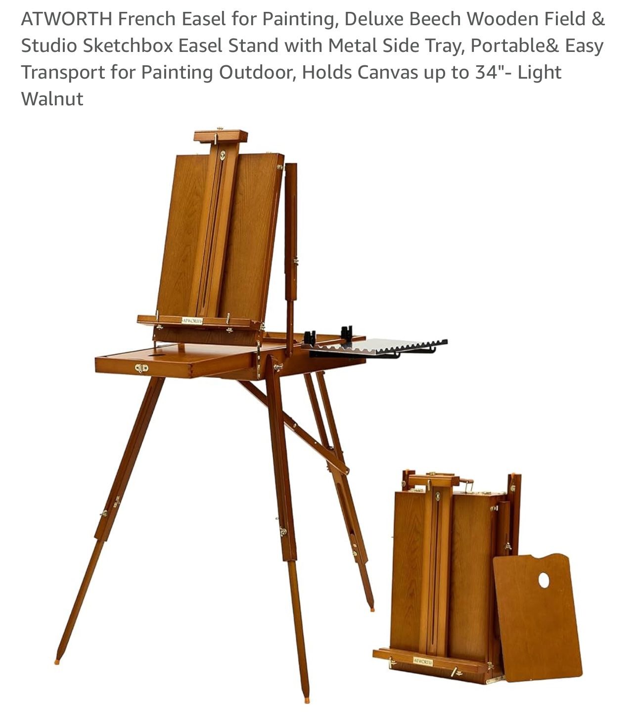 ATWORTH French Easel for Painting, Deluxe Beech Wooden Field & Studio Sketchbox Easel Stand with Metal Side Tray, Portable& Easy Transport for Paintin