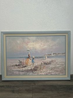 Framed Beach Scene Oil Painting
