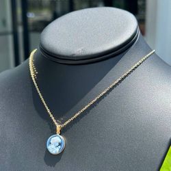 Jewelry 14k yellow gold agate cameo lady stone pendant chain necklace 16.00” 1.50mm