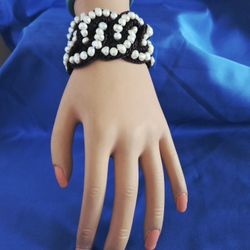 White Cultured Freshwater Pearl Beaded Cuff Bangle Dark Brown 