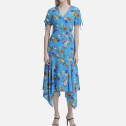 Brand New Woman’s Calvin Klein brand Blue Floral Handkerchief-hem Belted MaxiDress Up For Sale