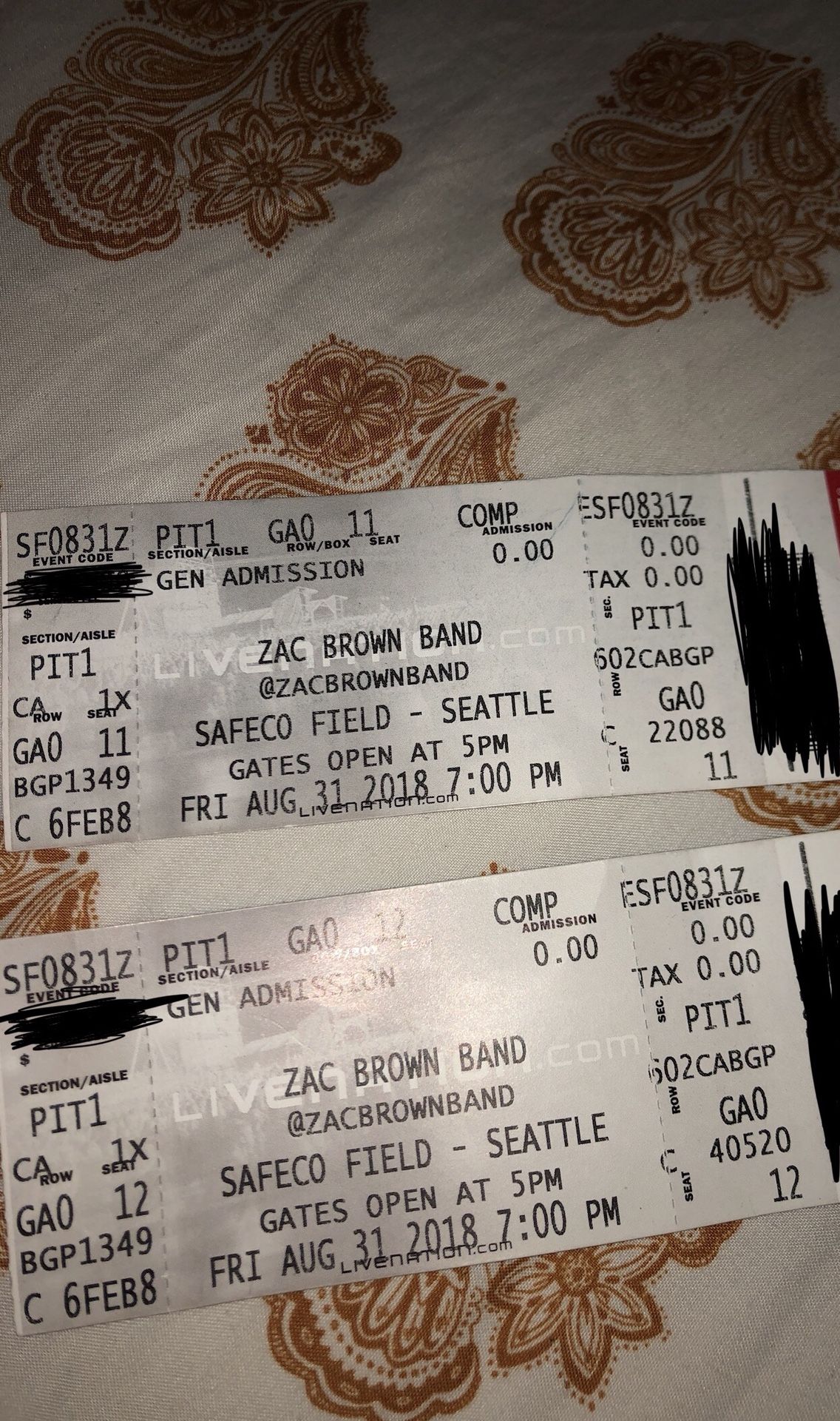 2 TICKETS ZAC BROWN BAND SAFECO FIELD (PIT STAND)