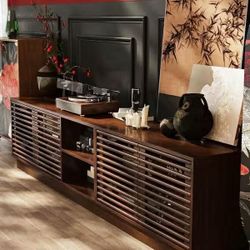 78.7" W Wooden TV Stand for TVs up to 85" with Adjustable Shelves & Shutter Doors, Mid-Century Modern Entertainment Center Media Console Cabinet for L