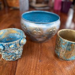 Teal and Gold Original Handmade Designs Small Flower Pots
