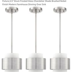 Brand New. 3 Pack 1 Light Hanging Indoor Kitchen Island Pendant Ceiling Light Fixture,5.5" Drum Frosted Glass Chandelier Shade Brushed Nickel Finish M