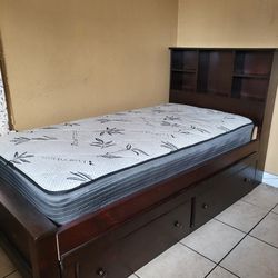 Solid Wood Twin Bed With Drawers.