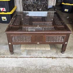Tazi Design Carved Wood Moroccan Coffee Table With Intricate Details & Geometric Pattern 
