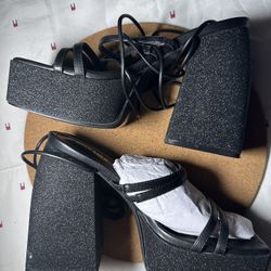 Miss Lola Black Sparkle High Heels Size 7 Square Toes