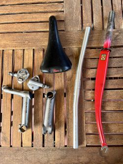 Bike parts: Flight Saddle, spd pedals, stems, fork