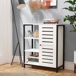 NEW 4-Tier White and Black Storage Cabinet, Bookshelf, Multipurpose Cabinet, 3 Open Shelves with Door Shutters for Kitchen, Living Room, Bathroom, 