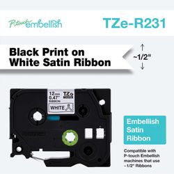 Brother P-touch Embellish Satin Ribbon 0.47''x13.1' Black on White NEW!! NIB