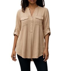 Cocomo Beige Sheer Crinkle Blouse – Henley Neck, 3/4 Sleeves (L/XL)