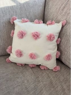 Cream and Pink Pom Pom Throw Pillow