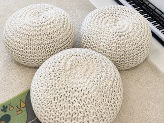 Set of 3 Cream Knitted Pouf Ottomans