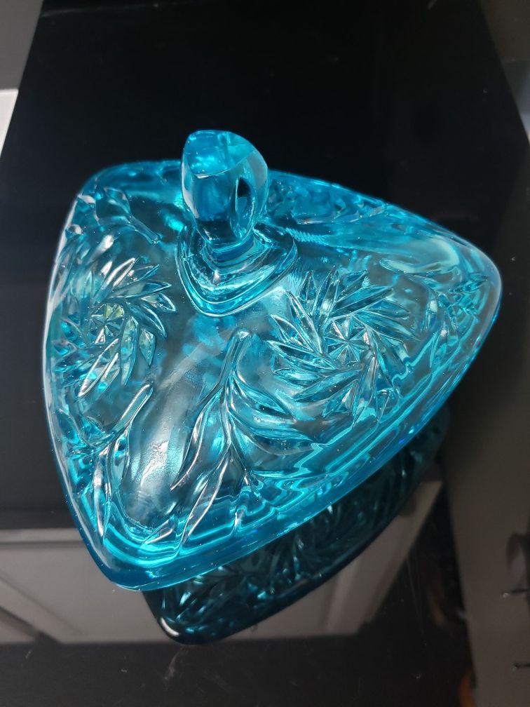 Mid century Hazel Atlas aqua blue glass triangle candy dish w/ lid